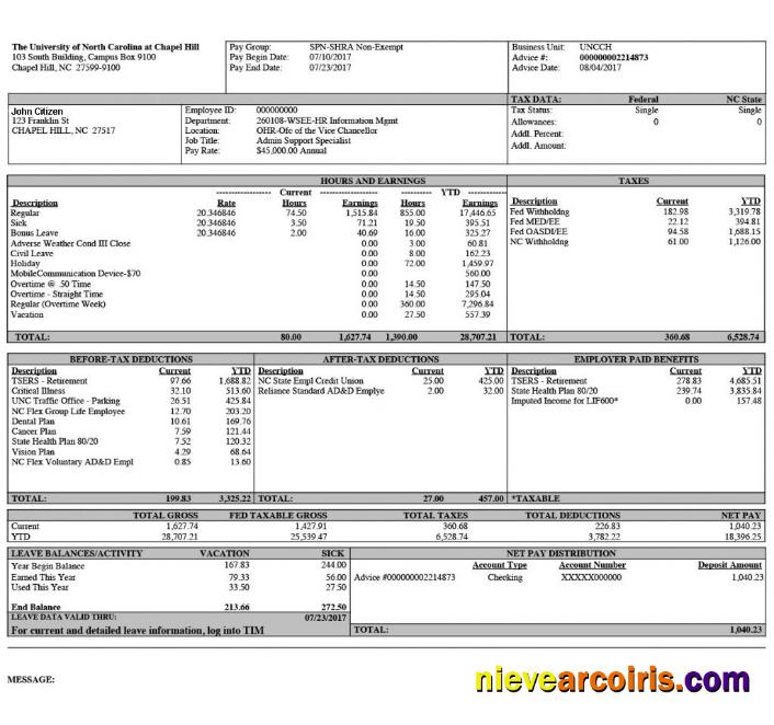 THE UNIVERSITY of North Carolina at Chapel Hill paystub